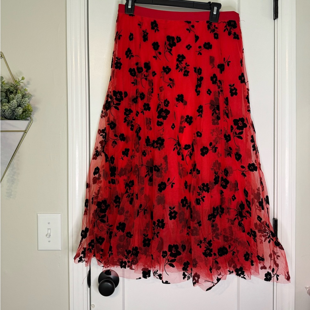 Red Midi Skirt with Black Floral Detail - Women's Layered Tulle